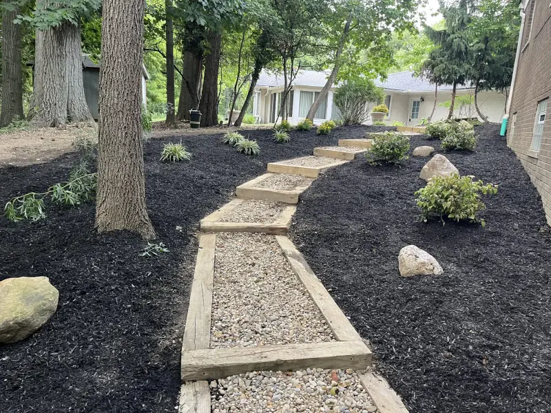 Landscaped garden with a gravel path and steps
